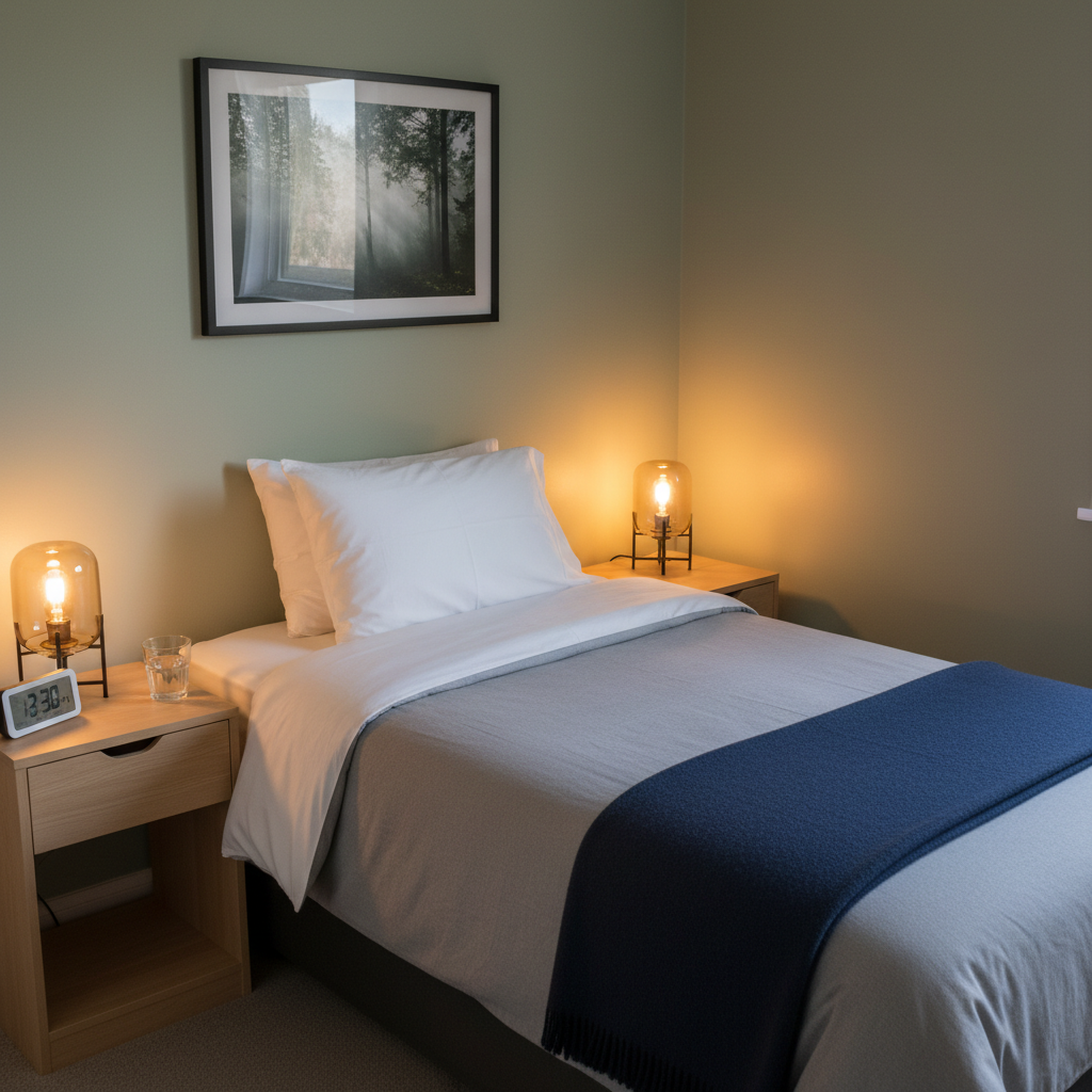 A peaceful respite bedroom prepared for mental health recovery, showcasing a neatly made twin bed with a soft heather-gray cotton duvet, a folded navy throw at the foot, and a single supportive pillow in a clean white case. Beside it stands a simple birch nightstand with a small digital clock, a glass of water, and a dimmable amber-glass lamp. The walls are painted a soothing muted sage, with a framed landscape photograph hanging above the bed. Warm, diffused evening light from the lamp creates a cocoon-like atmosphere. Captured in photographic realism from a slightly elevated corner angle, the composition emphasizes order, cleanliness, and a sense of temporary, dignified sanctuary.