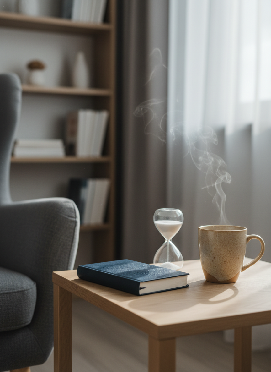 A neatly arranged therapy reading nook featuring a sturdy light-oak side table supporting a closed navy-blue hardcover journal, a sand timer with fine white sand, and a ceramic mug of herbal tea releasing a soft curl of steam. The setting is a quiet corner of a modern counseling room, with a textured gray armchair just out of frame and a blurred bookshelf in the background. Gentle late-morning natural light filters through sheer curtains, casting soft shadows and a calm, inviting glow. Photographic realism, eye-level composition, and a shallow depth of field keep the focus on the restorative tools, evoking stability, safety, and reflective healing.