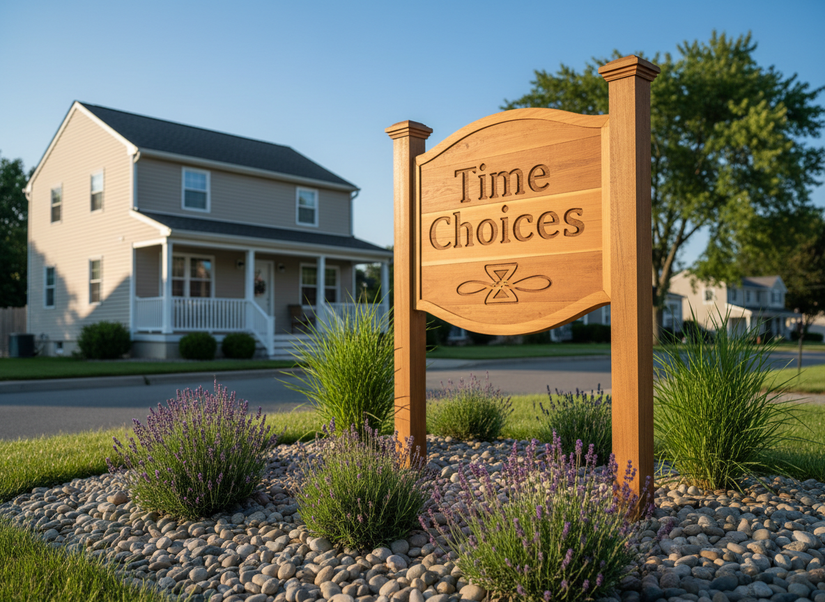 A sturdy wooden entrance sign for a community-based mental health respite center, crafted from warmly stained cedar with the engraved words "Time Choices" and a subtle abstract hourglass icon. The sign stands on a small landscaped bed of river stones, ornamental grasses, and low lavender plants in front of a modest, well-kept house with light siding and a welcoming front porch. The setting is a quiet Suffolk County, NY neighborhood, with a hint of trees and distant homes out of focus. Early morning sunlight casts long, gentle shadows and golden highlights on the wood grain. Photographic realism in a slightly low-angle composition emphasizes permanence, trust, and community presence without showing any people.