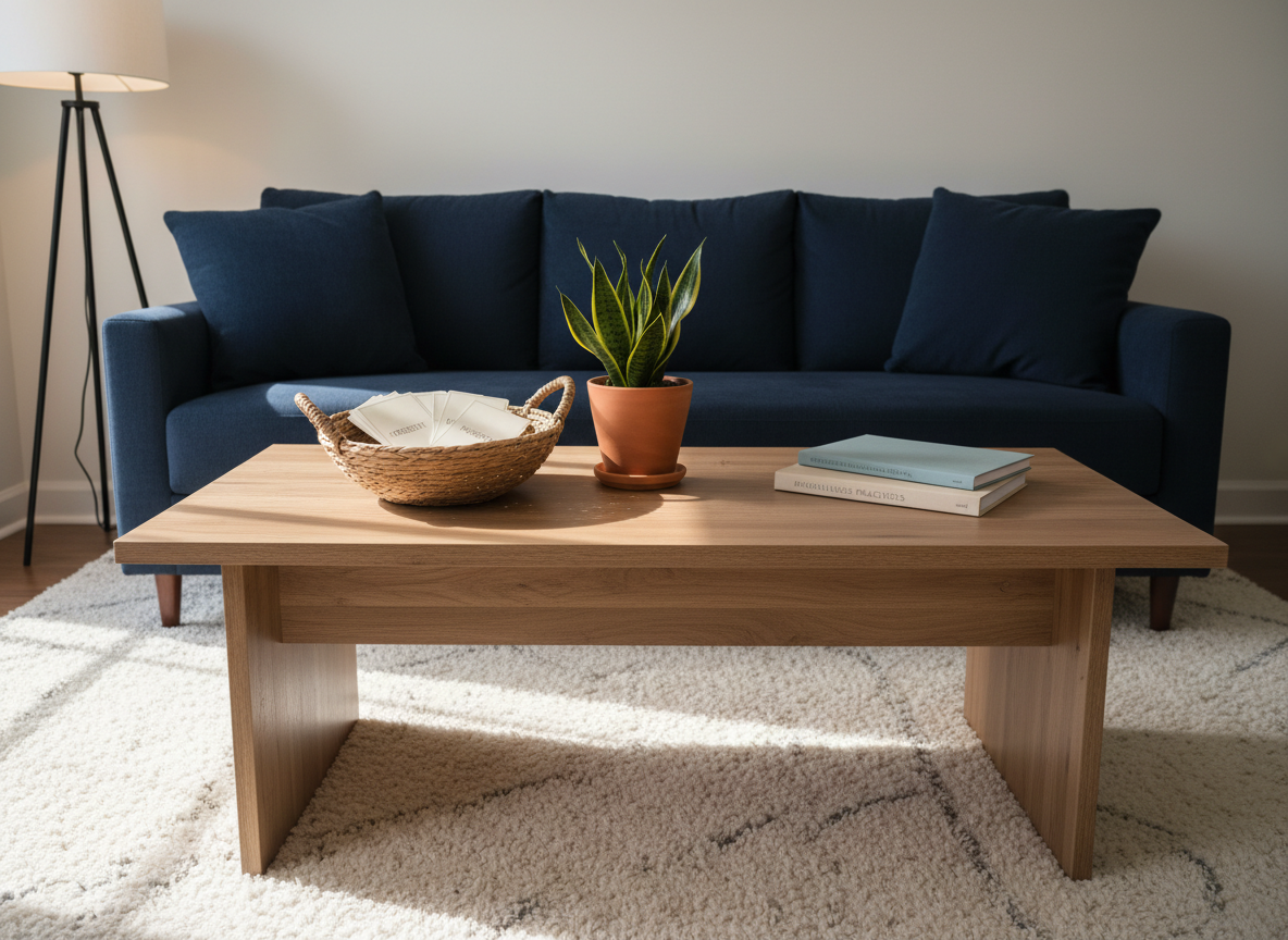 A calming community living room designed for emotional respite, featuring a central low-profile wooden coffee table holding a woven basket of mindfulness cards, a small potted snake plant, and a neatly stacked pair of wellness workbooks labeled with subtle, neutral covers. The background shows a plush navy sofa, a soft cream area rug, and a distant, gently glowing floor lamp in the corner. Afternoon natural light enters from an unseen window, washing the space in soft, even brightness and creating faint, comforting shadows. Photographic realism with an eye-level, wide-angle composition captures the room as open yet private, conveying warmth, safety, and readiness for group or individual mental health support.